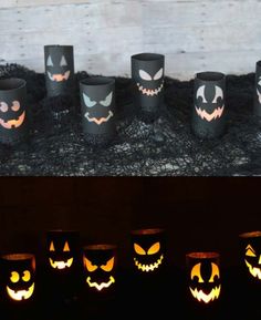 halloween pumpkin cups with faces carved into them