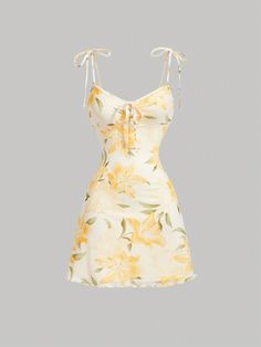 Vestido Curto com Estampa Floral Feminino para Verão Amarelo Boho  Sem Mangas Tecido de malha Floral,Plantas,Estampa total Suspensório Elasticidade Média  Women Clothing, size features are:Bust: ,Length: ,Sleeve Length: Yellow Dress For Women, 2000s Summer Dress, Traditional Brazilian Clothing, Summer Dresses Shein, Yellow Summer Dresses, Yellow Dress Mini, Cute Yellow Dress, Textured Fabric Dress, Summer Dress Yellow