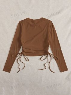 Brown Long Sleeve Top With Ruched Detail, Long Sleeve Brown Top With Ruched Detail, Fitted Long Sleeve Top With Drawstring, Fall Stretch Drawstring Top, Fall Drawstring Stretch Top, Fall Top With Drawstring Tie, Long Sleeve Tops With Drawstring For Fall, Casual Long Sleeve Blouse With Drawstring, Feel Good About Yourself