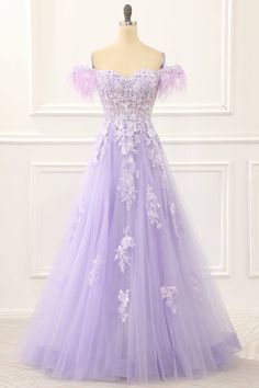 Elegant Lavender Tulle Evening Dress, Lavender Tulle Ball Gown Dress, Fitted Lavender Tulle Gown, Purple Lace Prom Evening Dress, Lavender Tulle Dress With Fitted Bodice, Purple Tulle Evening Dress With Sweep Train, Lavender Evening Dress For Wedding And Prom Season, Lavender Evening Dress For Wedding And Prom, Lavender Ball Gown For Wedding