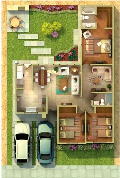 an overhead view of a house with two cars parked in the driveway