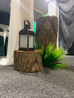 a small lantern sitting on top of a tree stump next to a green planter