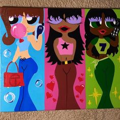 four different colored paintings of women with bags and one holding a cell phone in her hand