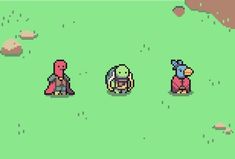 some pixel art that looks like they are walking in the grass with other characters on them