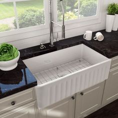 a white sink sitting under a window next to a bowl of green plants on top of a counter