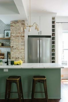 two stools are in front of the kitchen island