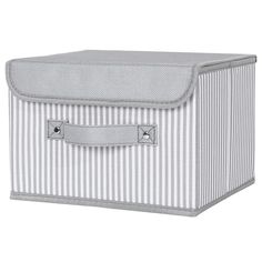 a white and grey striped storage box