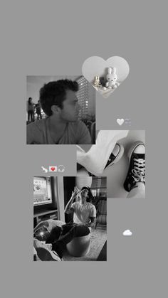 a collage of photos with people and objects in black and white, including shoes