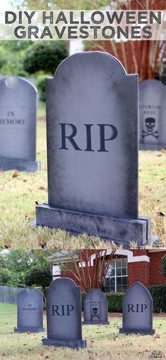 a cemetery with tombstones and the words rip written on them in large letters that read diy halloween gravestones