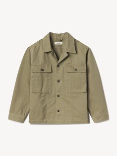 Dry Lemongrass Venice Wash Herringbone Twill Fatigue Shirt - Buck Mason- Modern American Classics Cotton Utility Shirt With Camp Collar, Olive Cotton Military Utility Jacket, Olive Military Cotton Utility Jacket, Olive Cotton Utility Jacket With Button Closure, Olive Cotton Military Style Utility Jacket, Khaki Cotton Shirt With Camp Collar, Military Cotton Utility Jacket With Collar, Military Cotton Top With Flap Pockets, Military-style Cotton Utility Jacket With Collar