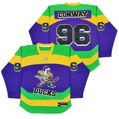 Combine your love of sports, streetwear and nostalgia by copping the Charlie Conway Ducks #96 Hockey Jersey. This bold jersey features contrast panelling and striping all throughout and embroidered team logos on the sleeves and front and centre. Don't sleep on this iconic hockey jersey, available now at Jersey Nation while stock lasts! - Charlie Conway Ducks #96 Hockey Jersey- Fully embroidered graphics: Team, Name, Number detailing, Logo- Heavyweight fabric- Long sleeves- Premium tackle twill s Throwback Jersey With Team Logo, Three Stripes Jersey For Sports Season Streetwear, Three-stripes Jersey For Sports Season Streetwear, Streetwear Jersey With Three Stripes For Sports, Throwback Streetwear Jersey For Sports Season, Charlie Conway, Hanging With Friends, Hockey Fans, Hockey Jersey