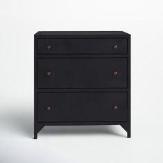 a black chest of drawers with brass knobs on the top and bottom, against a white background