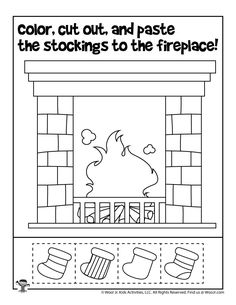 a fire place with the words color cut out and paste the stockings to the fireplace