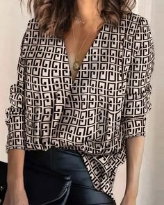 Lasaky - Geometric Print V-Neck Long Sleeve Top Blouse Size Chart, Loose Pullover, Blouse Material, Fashion Color, Elegant Shirt, Women Shirts Blouse, Color Khaki, Casual Fall, Full Sleeve