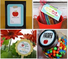 there are pictures of teacher's treats and candy in this collage with the words thank you