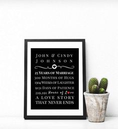 a black and white poster on a shelf next to a potted cactus