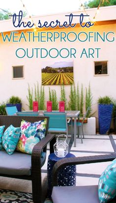 an outdoor patio with chairs, tables and potted plants