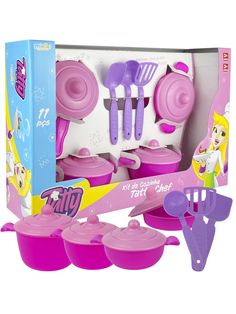 the toy kitchen set is pink and has plastic utensils