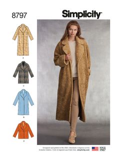 S8797 | Simplicity Sewing Pattern Misses' Loose-Fitting Lined Coat | Simplicity Coat Pattern Sewing, Jacket Pattern Sewing, Wrap Coat, Simplicity Sewing, Coat Patterns, Burda Style, Stylish Jackets, Oversized Coat, Simplicity Sewing Patterns