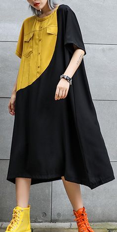 Spring Black Patchwork Maxi Dress, Black Patchwork Short Sleeve Maxi Dress, Black Patchwork Maxi Dress With Short Sleeves, Black Short Sleeve Maxi Dress With Patchwork, Black Lagenlook Maxi Dress For Summer, Summer Black Lagenlook Maxi Dress, Black Summer Dress With Contrast Color, Black Dress With Contrast Color For Summer, Long Dress Casual Summer