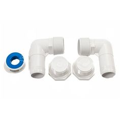 three white plastic pipe fittings with one blue hose and the other two are empty