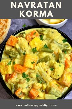 a black bowl filled with food next to bread on a blue tablecloth and text overlay reads instant pot navratan korma