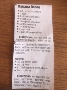 a banana bread recipe on a table with instructions for it to be cut in half