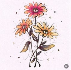 a drawing of three flowers on a white background