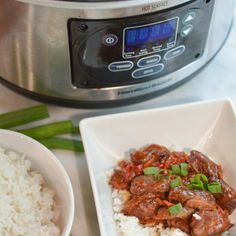 two bowls filled with rice and meat next to an instant pot pressure cooker in the background