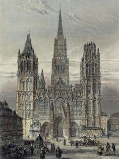 an old drawing of a cathedral with people walking around it