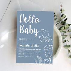 Minimalist Dusty Blue Eucalyptus Baby Shower Invitation Baby Shower Invites Neutral, Blue Eucalyptus, Invitation Ideas, Boho Baby Shower