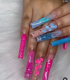 Gender Reveal Nails Ideas, Reveal Nails, Pink And Blue Nails, Pink And Blue Gender Reveal, Shower Nails, Gender Reveal Nails, Acrylic Nails Long, Baby Shower Nails, Blue Gender Reveal