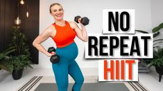 a woman holding two dumbbells in front of a sign that says no repeat hit