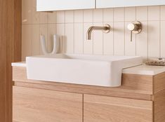 a white sink sitting on top of a wooden counter next to a cabinet and mirror