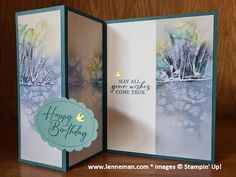 an open card with watercolored trees and the words happy birthday written on it