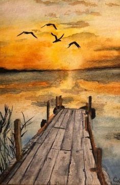 a painting of birds flying over a wooden dock at the water's edge as the sun sets