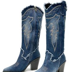 Embroidered Denim Hi-Heel Chunky Heel Western Boots Side Zipper Upper Material: Denim Lining Material: Canvas Pu Leather Insole Material: Pu Leather Outsole Material: Tpr Denim Blue Winter Boots, Western Style Blue Denim Jeans, Blue Western Style Denim Jeans, Jeffery Campbell Boots, Blue Suede Boots, Camel Boots, Ellie Shoes, Tall Brown Boots, Leather Heeled Boots