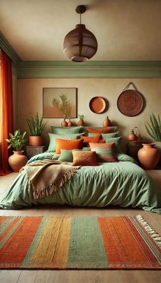 a bedroom with green bedding and potted plants