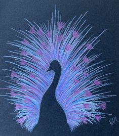 a drawing of a peacock with pink and blue feathers on it's back side