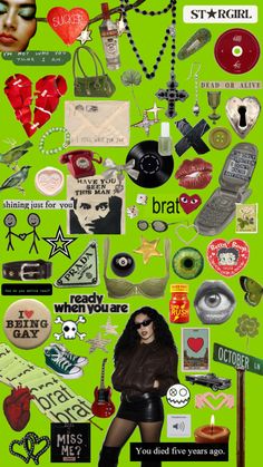 a collage of various items on a green background with words written in black and white