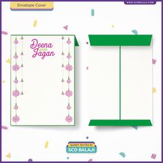 an envelope cover with pink flowers and green trimmings on the front, inside and out