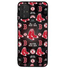 the boston red sox phone case is designed to look like it has many different logos on it