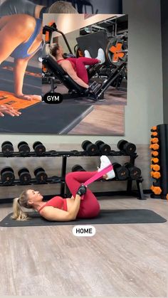 a woman is doing an exercise in the gym