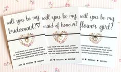 four wedding cards with hearts and flowers on them, one is for bridesmaid