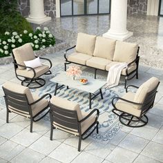 Gather friends and family for a classic outdoor experience with this 6-piece conversation set. Seating seven people, it includes a sofa, four club chairs, and a table - all crafted from powder-coated steel for weather-resistant durability. Cushions with foam padding and covers that resist water, mold, and UV rays keep you comfy as you linger and lounge in the evenings. Plus, the removable cushion covers make cleaning a breeze. Just remember to store them indoors or cover them when not in use to… French Patio Ideas, Outdoor Metal Furniture, Conversation Furniture, Front Porch Furniture, French Patio, Metal Outdoor Furniture, Outdoor Conversation Sets, Lawn Furniture, Outdoor Furniture Set