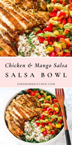 chicken and mango salsa salad with rice in a bowl