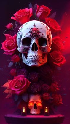 a skull sitting on top of a table surrounded by roses