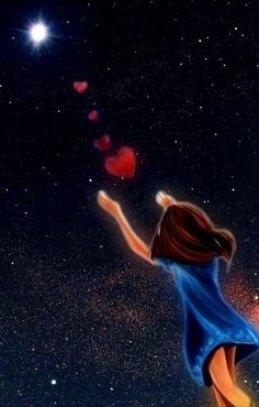 a painting of a girl flying through the air with her arms outstretched in front of stars