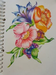 this is a drawing of flowers on a white paper with colored pencils and markers