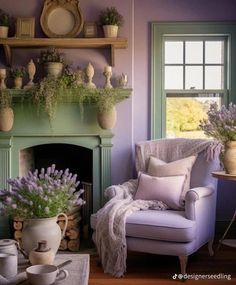 a living room filled with furniture and flowers on top of a fireplace mantel next to a window